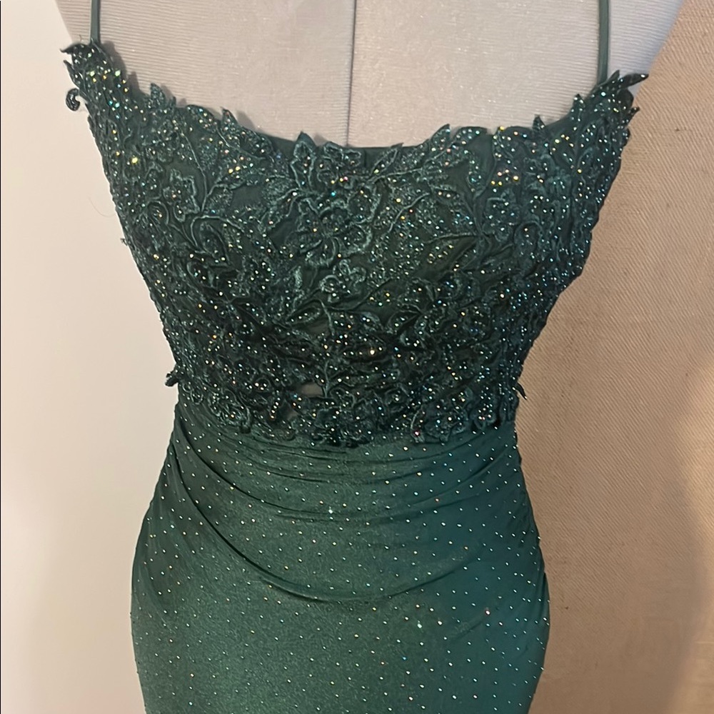 Green Embellished Spaghetti Strap Prom Gown - Picture 9 of 14